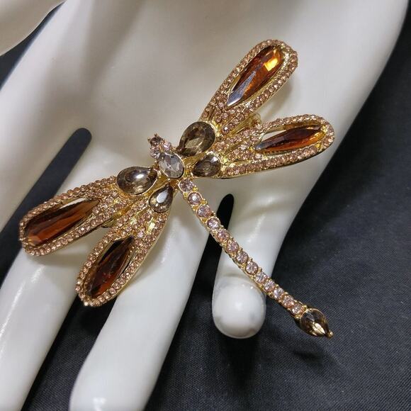 Dragonfly Rhinestone Topaz Brooch, Hallmark on Back, 2 Inches - Picture 2 of 8